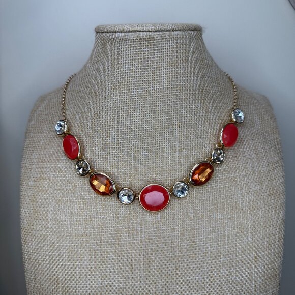 Monet Statement Necklace Gold-Tone With Red Orange & Clear Cabochon & Crystal St - Picture 5 of 9